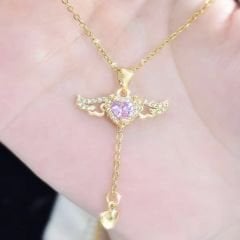 Kanat Çırpan Melek Kanadı Kalpli Gold Kolye