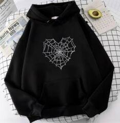 Heart Web Baskılı Oversize Unisex Kapüşonlu Sweatshirt