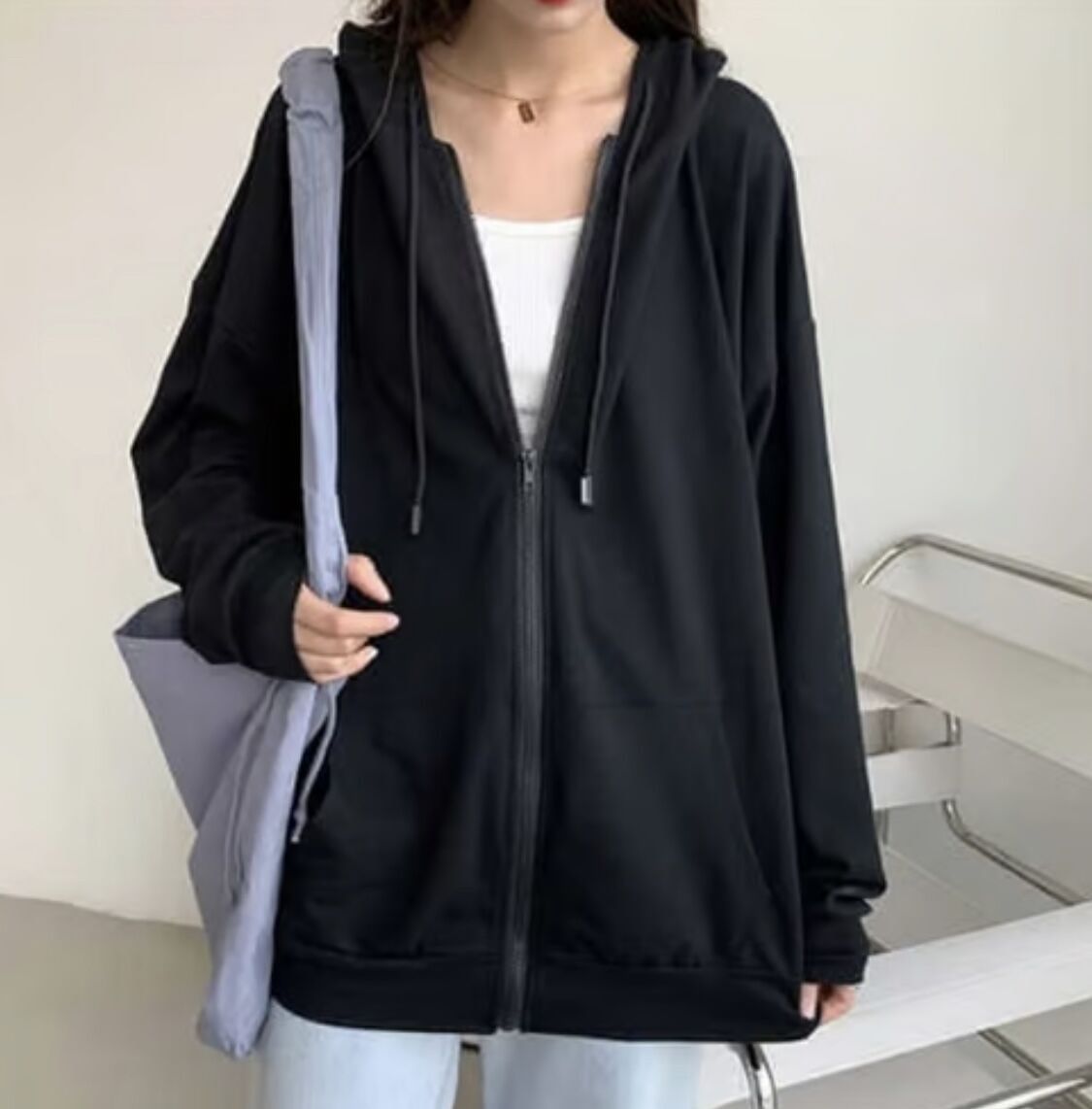 Oversize Siyah Unisex Kapşonlu Hırka