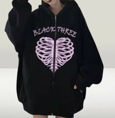 Black Three Cage Heart Baskılı Oversize Fermuarlı Unisex Kapüşonlu Hırka