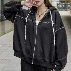 Zip Detay Oversize Fermuarlı Siyah Unisex Kapüşonlu Hırka