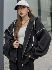 Zip Detay Oversize Fermuarlı Siyah Unisex Kapüşonlu Hırka