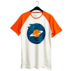 Turuncu Reglan Kol Satürn Beyaz T-Shirt (Oversize)