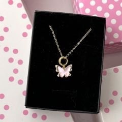 Gold Pink Butterfly Kolye