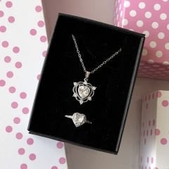 Love Heart Kolye Yüzük Set Beyaz Taş