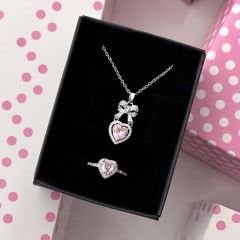 Coquette Stil Kalp Kolye Yüzük Set Gümüş Pembe