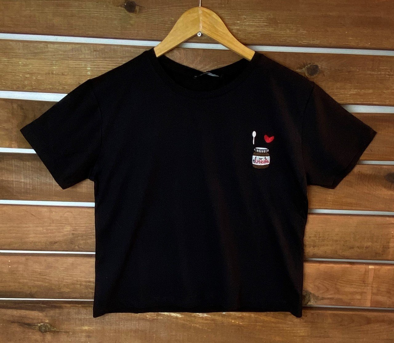 Nutella Nakışlı Siyah Kadın Crop T-Shirt