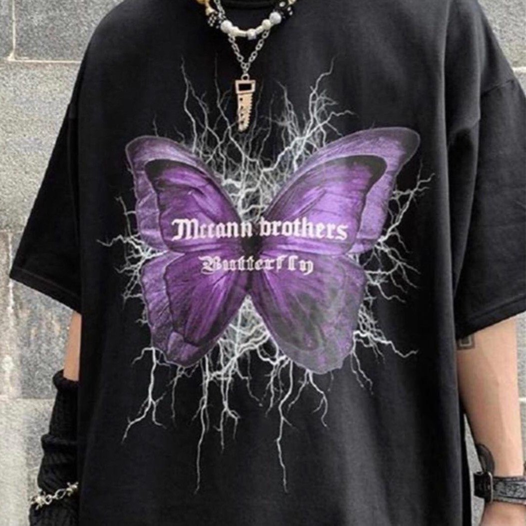 Gothic Harajuku Butterfly Siyah Oversize Unisex T-Shirt