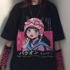 Anime Siyah Lolipop Girl Unisex Oversize Kalıp T-shirt