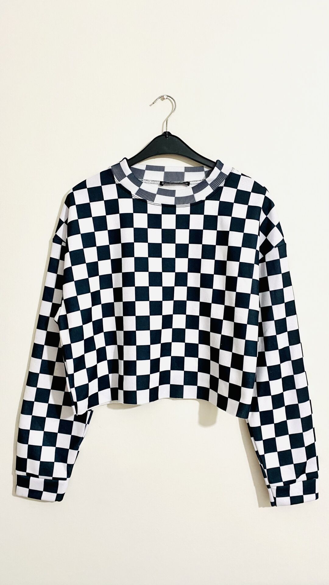 Damalı Oversize Crop Sweatshirt