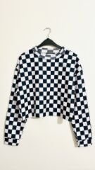 Damalı Oversize Crop Sweatshirt