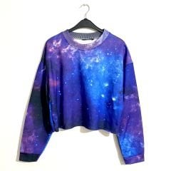 Galaksi Baskılı Oversize Crop Sweatshirt